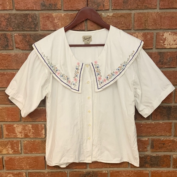 Sage Ivory Floral Embroidered Collared Blouse - Picture 1 of 6